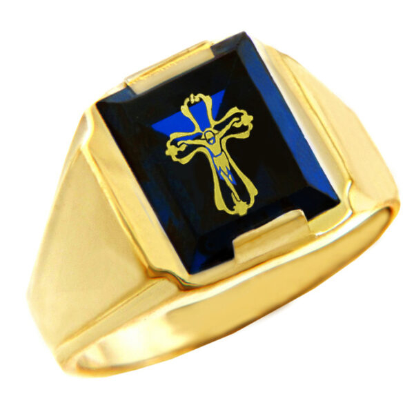 Solid Yellow Gold Blue Cz Stone Crucifix Signet Men's Ring