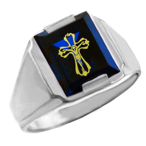 Sterling Silver Blue Cz Stone Crucifix Signet Men's Ring