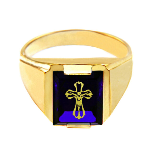 Solid Yellow Gold Blue Cz Stone Crucifix Signet Men's Ring - Image 2