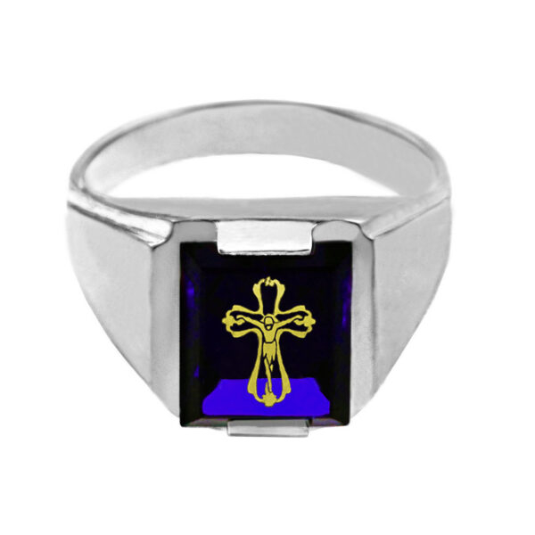 Sterling Silver Blue Cz Stone Crucifix Signet Men's Ring - Image 2