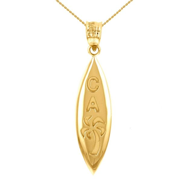 Yellow Gold California Palm Tree Surfboard Pendant Necklace