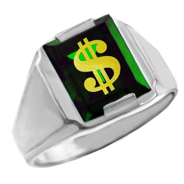 Sterling Silver Green Cz Stone Dollar Sign Signet Men's Ring