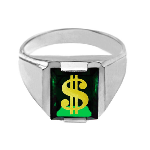 Sterling Silver Green Cz Stone Dollar Sign Signet Men's Ring - Image 2