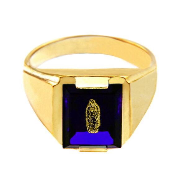 Solid Yellow Gold Blue Cz Stone Our Lady Of Guadalupe Signet Men's Ring - Image 2