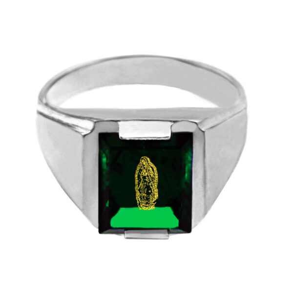 Sterling Silver Green Cz Stone Our Lady Of Guadalupe Signet Men's Ring - Image 2