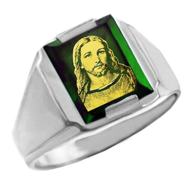 Sterling Silver Green Cz Stone Jesus Christ Men's Ring