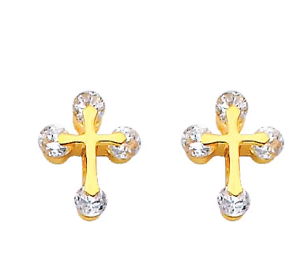 14K Gold Cz Cross Of Light Stud Earrings