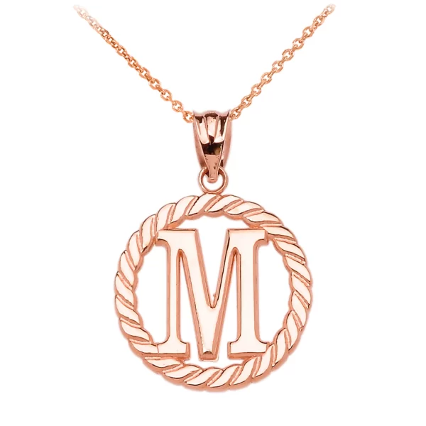 Rose Gold "M" Initial In Rope Circle Pendant Necklace