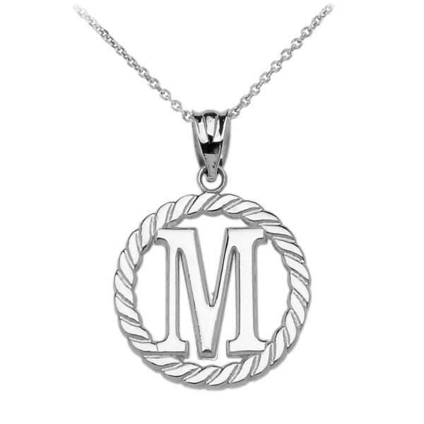 White Gold "M" Initial In Rope Circle Pendant Necklace