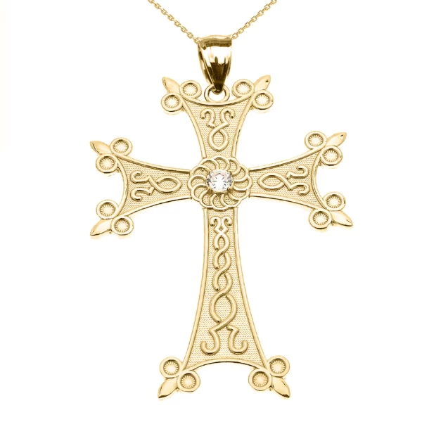 Yellow Gold Elegant Armenian Cross With Eternity Diamond Pendant Necklace (Large)