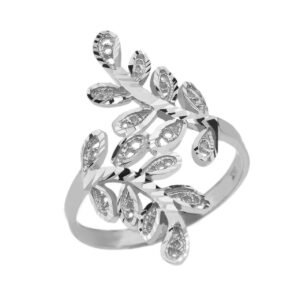 White Gold Diamond Cut Filigree Curved Laurel Wreath Ring
