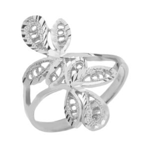 White Gold Diamond Cut Filigree Wrap Leaves Ring