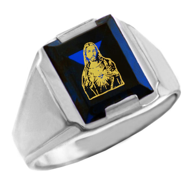 Sterling Silver Blue Cz Stone Sacred Heart Jesus Signet Men's Ring