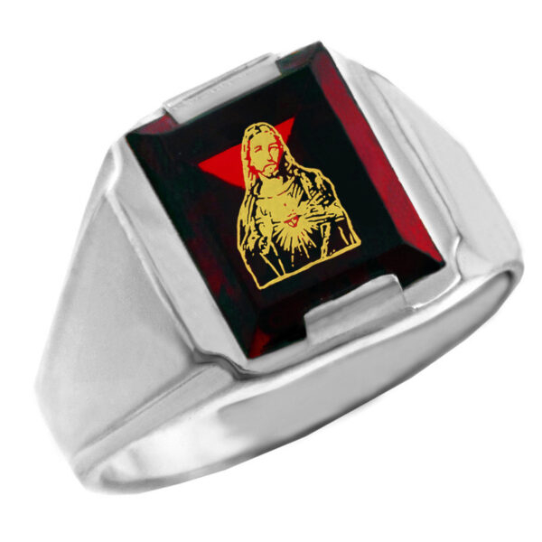 Sterling Silver Red Cz Stone Sacred Heart Jesus Signet Men's Ring