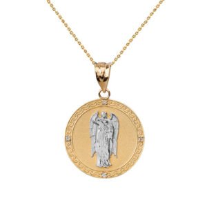 Two Tone Solid Yellow Gold Archangel Saint Gabriel Diamond Medallion Pendant Necklace 1.02" (25 mm )