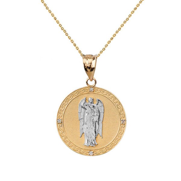 Two Tone Solid Yellow Gold Archangel Saint Gabriel Diamond Medallion Pendant Necklace 1.02" (25 mm )