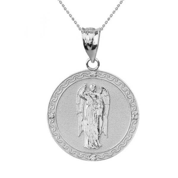 Solid White Gold Archangel Saint Gabriel Diamond Medallion Pendant Necklace 1.15" ( 29 mm)