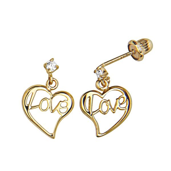 14k Yellow Heart CZ Hanging Stud Earrings - Screw Back