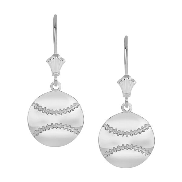 Polished Baseball Sports Leverback Earrings In 14K White Gold