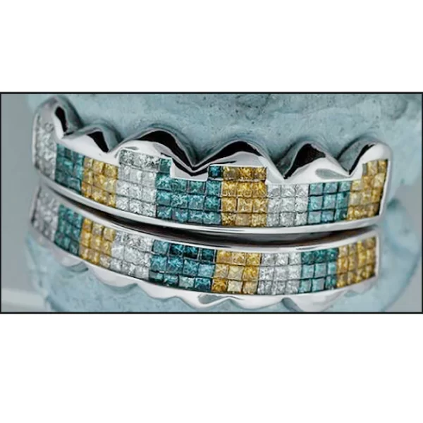 Blue White Yellow Princess Cut Horizontal Invisible Grillz