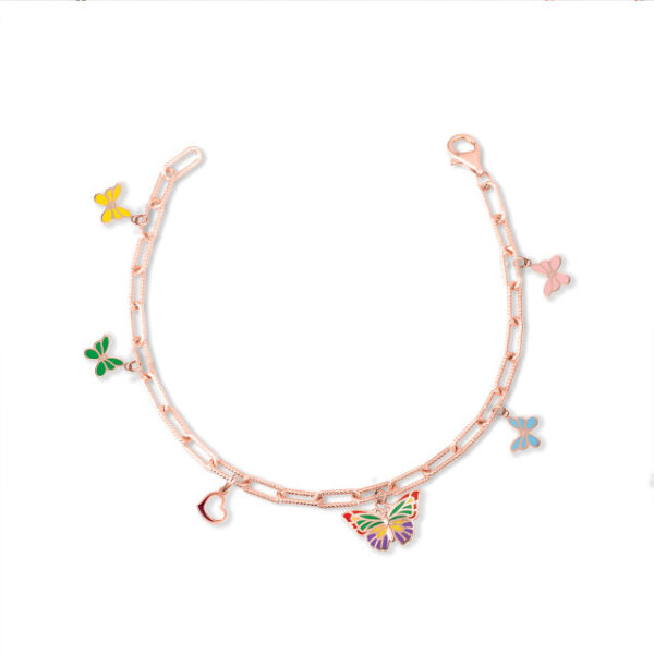 Gold Butterfly Enamel Heart Charm Paperclip Chain Link Bracelet (Available in Yellow/Rose/White Gold) - Image 4