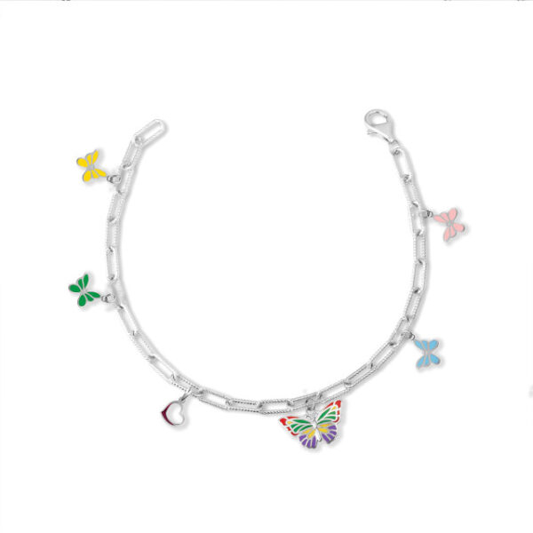 Gold Butterfly Enamel Heart Charm Paperclip Chain Link Bracelet (Available in Yellow/Rose/White Gold) - Image 3