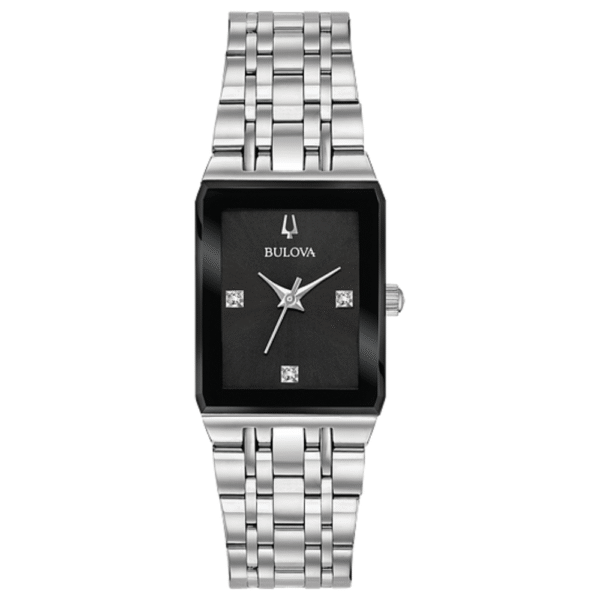 96P202 Bulova Quadra Diamond Black Dial Silver-Tone Ladies Watch