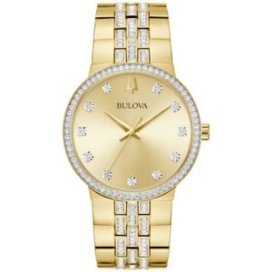 98K113 Bulova Crystal Gold-Tone Watch & Cross Pendant Necklace Box Set