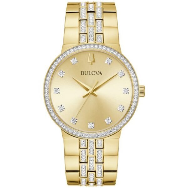 98K113 Bulova Crystal Gold-Tone Watch & Cross Pendant Necklace Box Set
