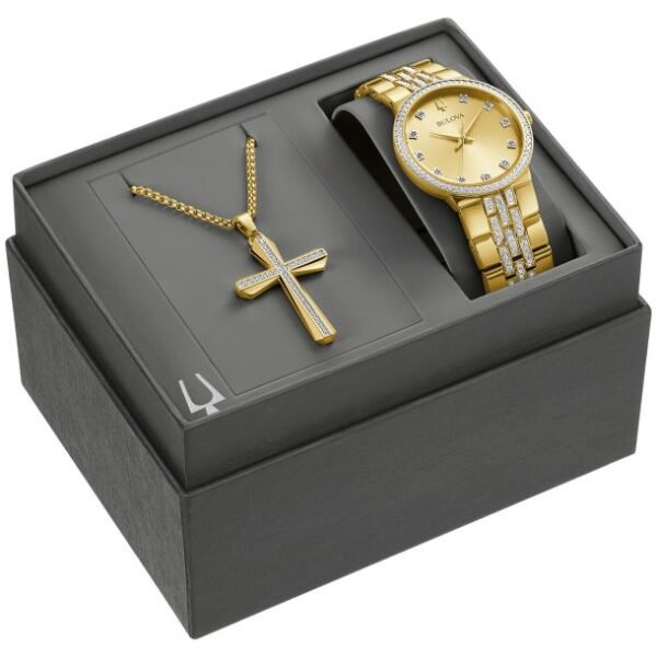 98K113 Bulova Crystal Gold-Tone Watch & Cross Pendant Necklace Box Set - Image 5