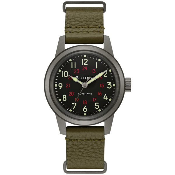 Bulova Hack Black Dial Green Leather Strap Automatic Men’s Watch – 98A255